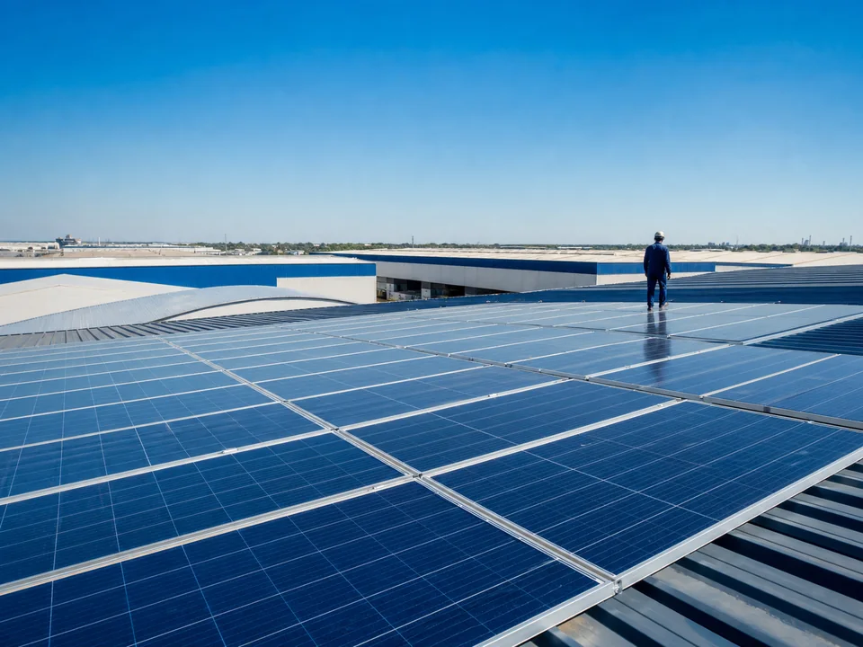 Painéis fotovoltaicos instalados em cobertura industrial