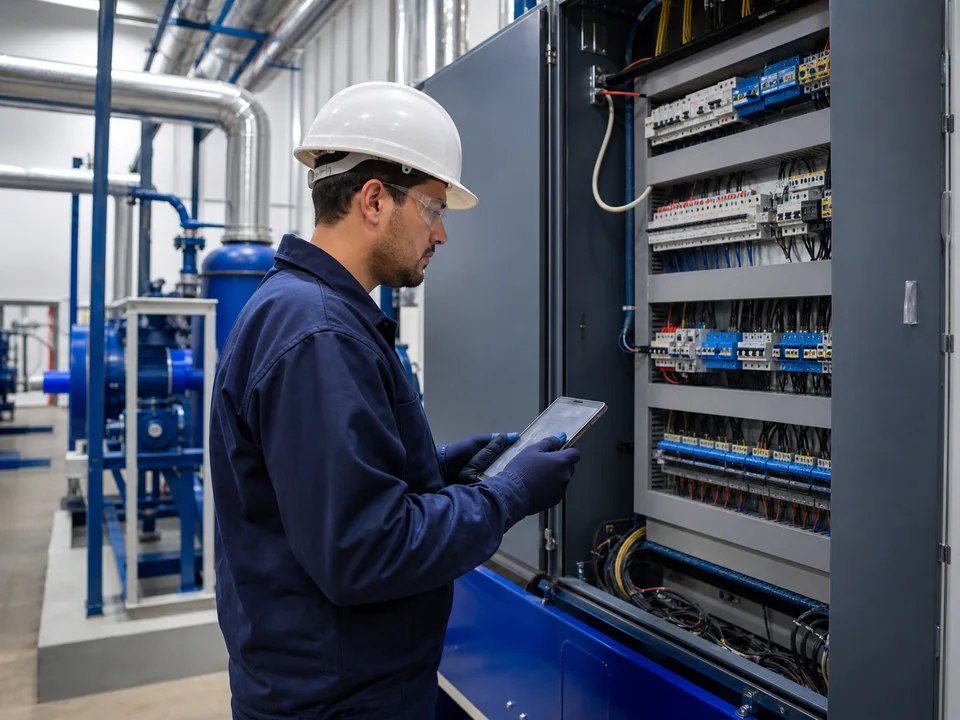 Técnico realizando manutenção em painel elétrico industrial